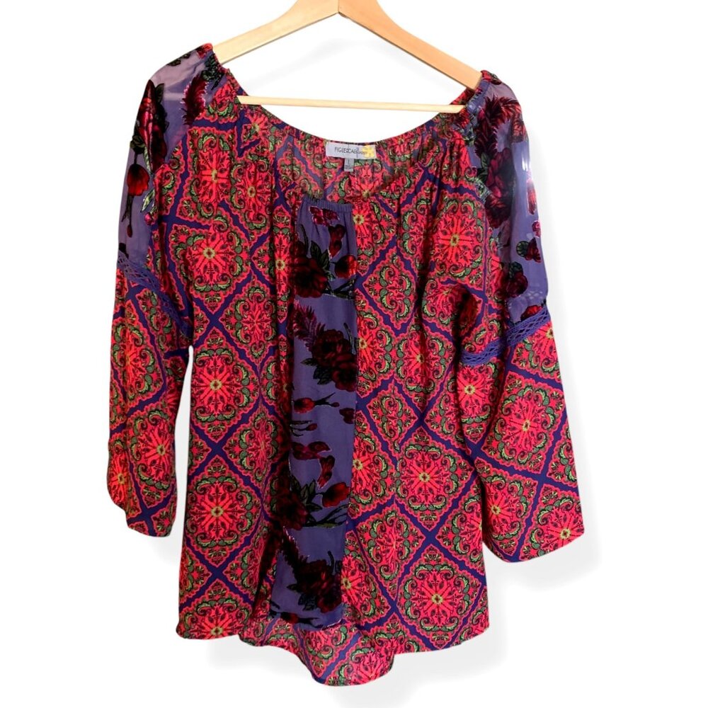 Figuerca & Flower Floral Dopamine Blouse‎ Crochet Sheer Velvet Burnout Boho Sz L